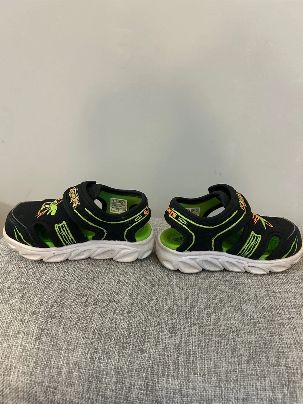 Skechers Kids Black and Neon Green Dinosaur Sandals